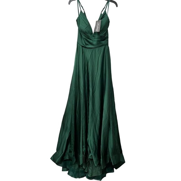 New La Femme Size 4 Strappy Back Satin Ballgown Emerald Green *Prom - Picture 2 of 14